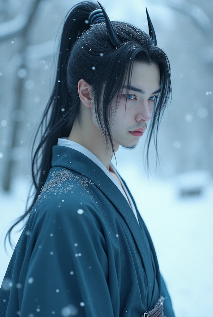 Oriental man with pale fair skin, black hair with medium length with a ponytail with a right side fringe, small part of the horns visible on the forehead, thin eyes with a blue-green tone, iris in thin, small and sparse beard on the chin. Wearing a men's kimono in shades of dark pastel blue and blue-white. In a snowy landscape.