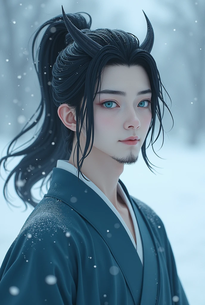 Oriental man with pale fair skin, black hair with medium length with a ponytail with a right side fringe, small part of the horns visible on the forehead, thin eyes with a blue-green tone, iris in thin, small and sparse beard on the chin. Wearing a men's kimono in shades of dark pastel blue and blue-white. In a snowy landscape.