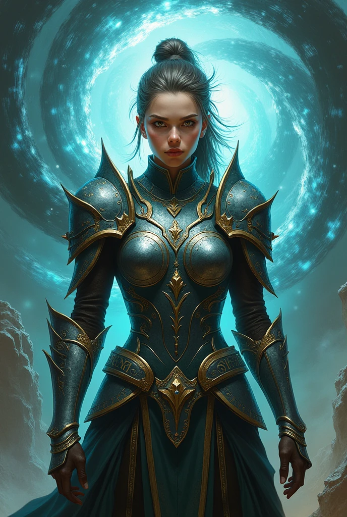 A girl with Isolde Dychauk's face but with armor and Dragonstone behind her