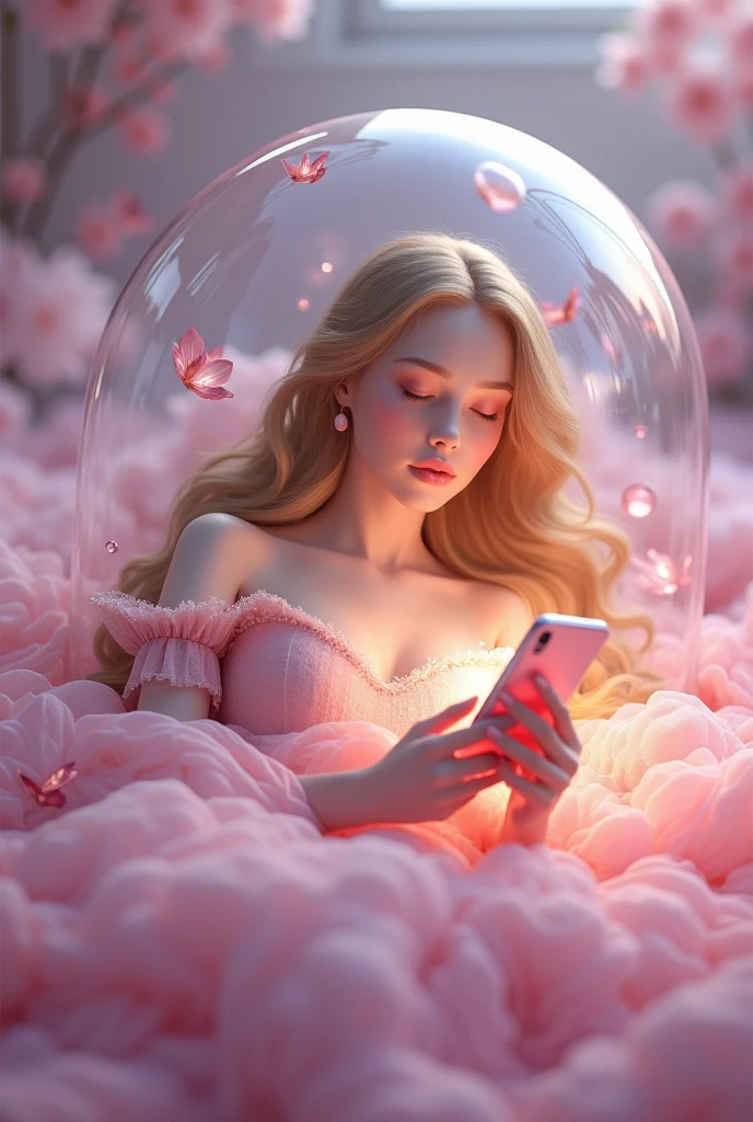 sleeping beauty sleeping with a smartphone and around her a bubble covering her, pink theme