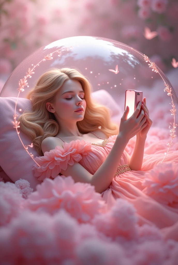 sleeping beauty sleeping with a smartphone and around her a bubble covering her, pink theme