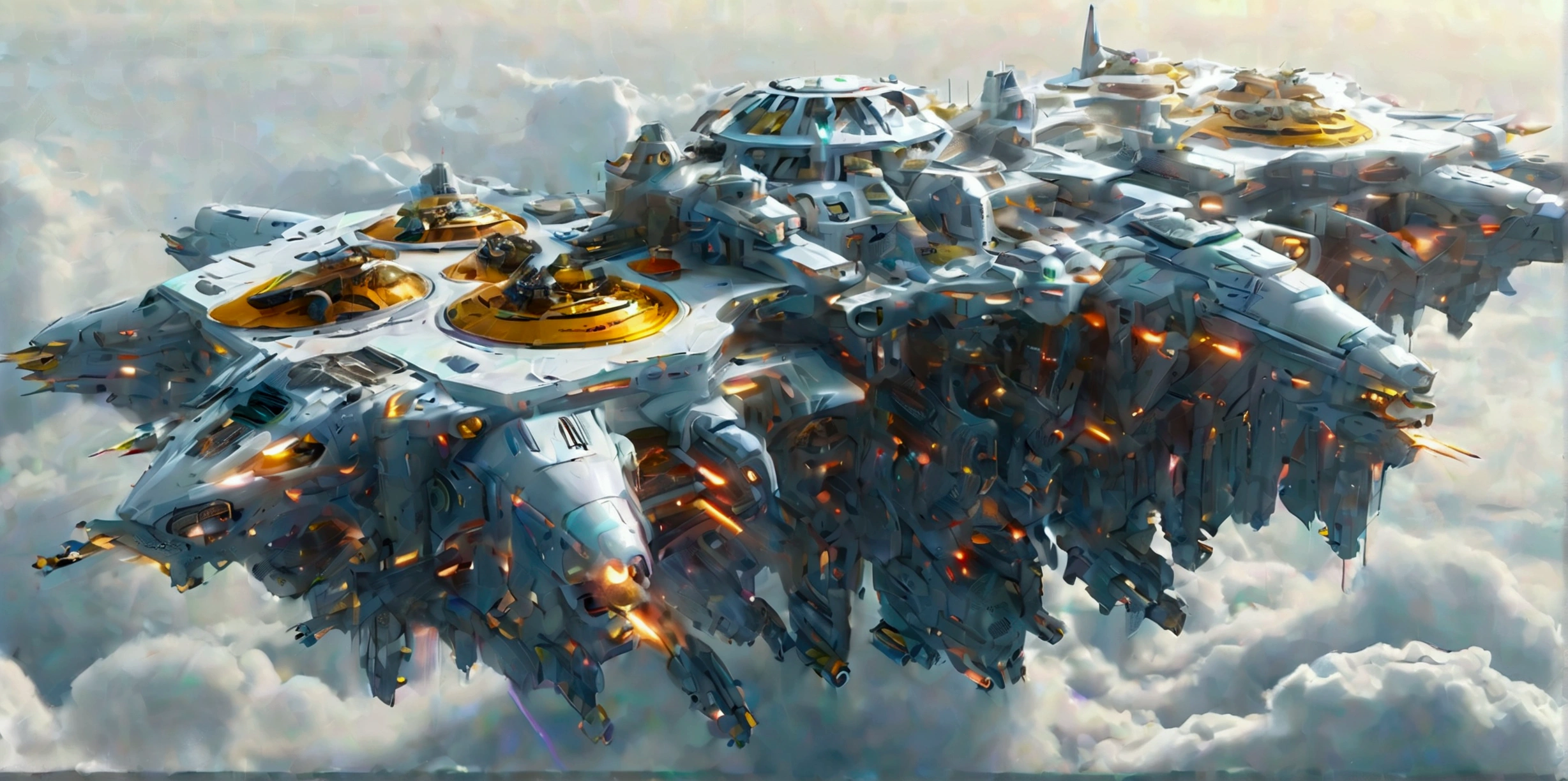 A long wide giant heavily armored divine futuristic flying all terrain biomechanical mothership, covered in rainbow batik pattern and glowing javanese runic symbols, multiple retractable cybernetic spider legs with wheels on the tip, divine halo, flying hovercraft, flying submarine, flying aircraft carrier, flying hotel, flying resort, flying city, flying skyscraper, flying cruise ship, flying yacht, flying castle, flying military base, multiple thrusters, multiple helipad, multiple propeller, mobile headquarters, mobile command center, automatic turrets, missile banks, missile defense system, multi-port rear engine arrays, large pivoted missile pods, anti-air batteries, reactive armour over vital spaces, VTOL thrusters, ventral ground-facing VTOL thruster bays, retractable center cannon, super carrier, sky carrier, space station, floating city, floating castle, white background