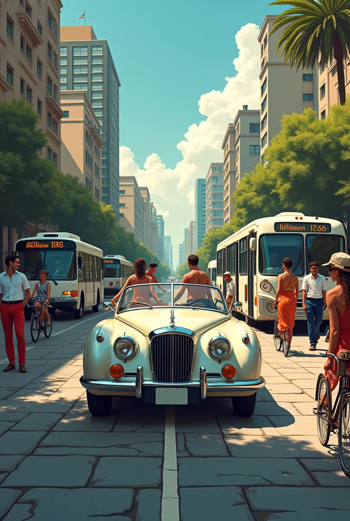 Side of the Privileged: A luxurious car with elaborate details, surrounded by people enjoying comforts.Side of the Affected: A worn-out part with buses in poor condition or bicycles in precarious conditions, with people facing difficulties.