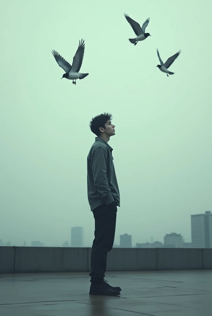 A lonely sad young man stand on a rooftop and birds flying on the sky