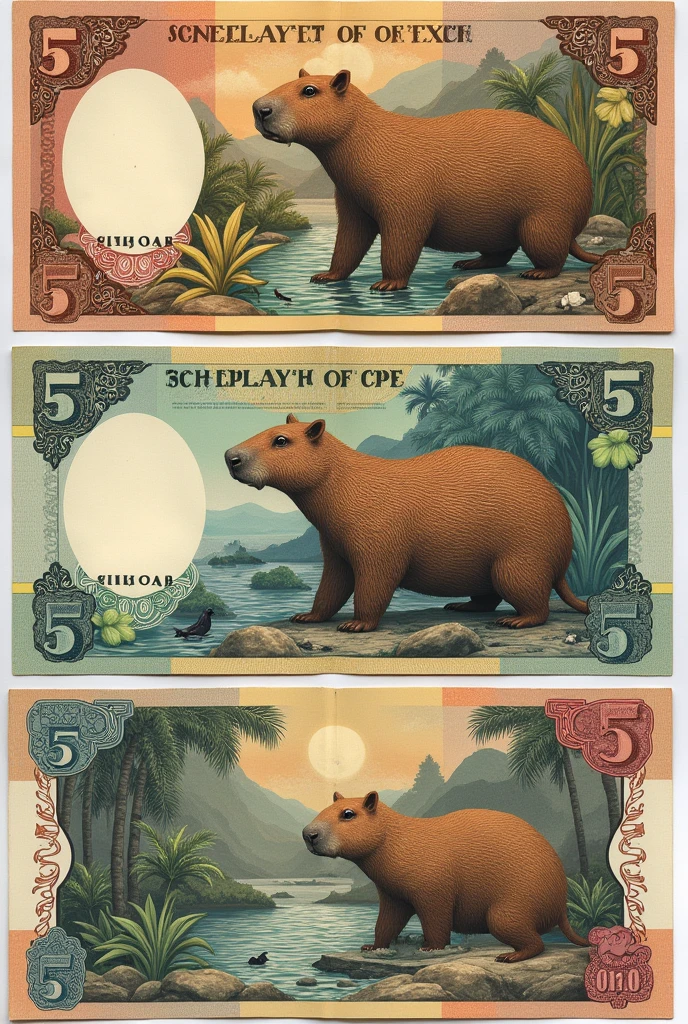 Front and back of banknote Value of the note is 5 leleu The animal on the note is a capybara The name of the bank is panther bank