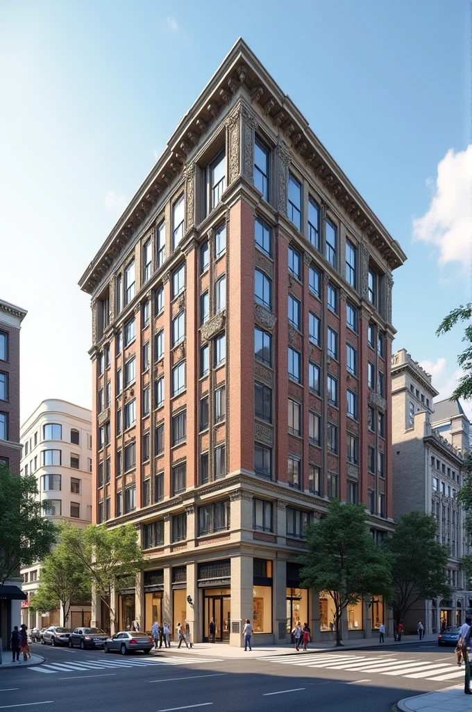 A drawing in which there is a building on a corner that has many windows