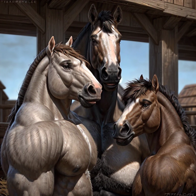 ((Trio)), ((anthro horses)), males, (3boys), (different fur colored horses), grey pinto horse, brown horse, black horse, handsome, (Correct anatomy, big, muscular), (realistic fur, detailed fur texture:1.3), Detailed horse stable background, Photorealistic, hyperrealistic, Ultra-detailed, daylight, (by Taran Fiddler), facing viewer