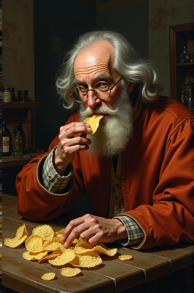 léonard de vinci entrain de manger des chips