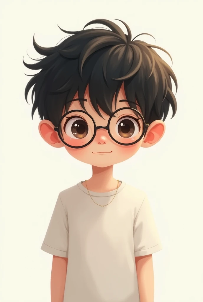 Create a boy character in white, his black hair always messy and his round-framed glasses shyly hanging crooked on his nose..
