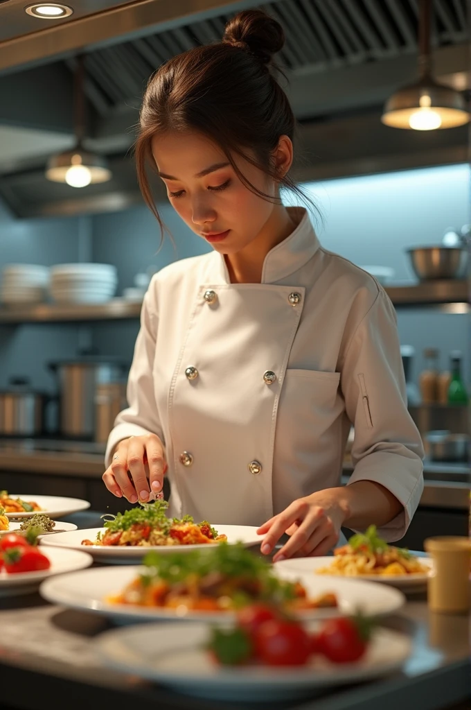 Girl chef in restaurant.