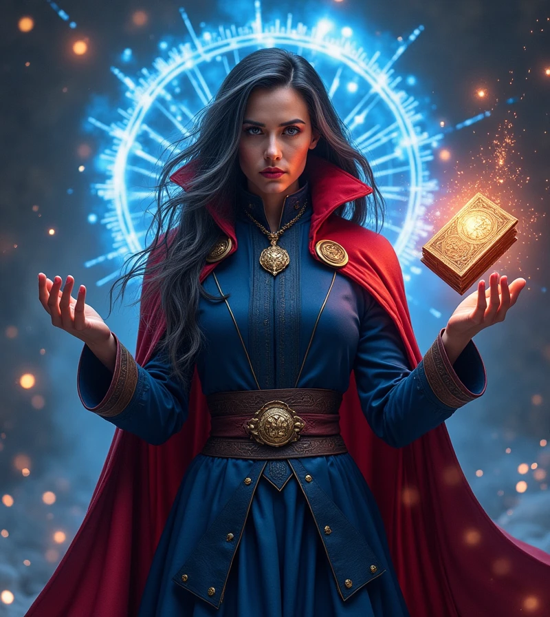 (A powerful and enigmatic woman:1.4), (female version of Doctor Strange:1.4), (wearing an elegant, mystical cloak with deep blues and reds:1.4), (arcane symbols glowing around her hands:1.4), (intense gaze from sharp, intelligent eyes:1.3), (long, flowing dark hair with streaks of silver:1.4), (high-collared, intricately designed robe:1.4), (floating ancient book with glowing runes:1.3), (ornate amulet hanging from her neck:1.4), (mystical energy swirling around her:1.4), (background of a cosmic, interdimensional portal:1.4), (vivid and vibrant color palette:1.4), (highly detailed and realistic textures:1.3), (dramatic lighting emphasizing her powerful presence:1.3), (sharp, precise facial features with a wise and commanding expression:1.3), (cinematic atmosphere with epic visual effects:1.4)