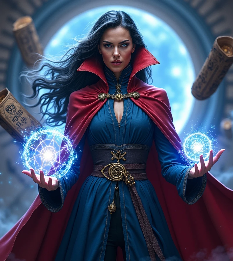(A powerful and enigmatic woman:1.4), (female version of Doctor Strange:1.4), (wearing an elegant, mystical cloak with deep blues and reds:1.4), (arcane symbols glowing around her hands:1.4), (intense gaze from sharp, intelligent eyes:1.3), (long, flowing dark hair with streaks of silver:1.4), (high-collared, intricately designed robe:1.4), (floating ancient book with glowing runes:1.3), (ornate amulet hanging from her neck:1.4), (mystical energy swirling around her:1.4), (background of a cosmic, interdimensional portal:1.4), (vivid and vibrant color palette:1.4), (highly detailed and realistic textures:1.3), (dramatic lighting emphasizing her powerful presence:1.3), (sharp, precise facial features with a wise and commanding expression:1.3), (cinematic atmosphere with epic visual effects:1.4)