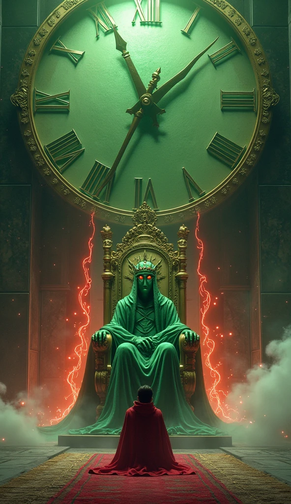 Draw a giant timer with 03 on it:00 hours, with a person below looking and bowing and in front of the giant timer a throne with a very powerful green being with a crown with eyes releasing fire, a lot of red fire as realistic as possible!