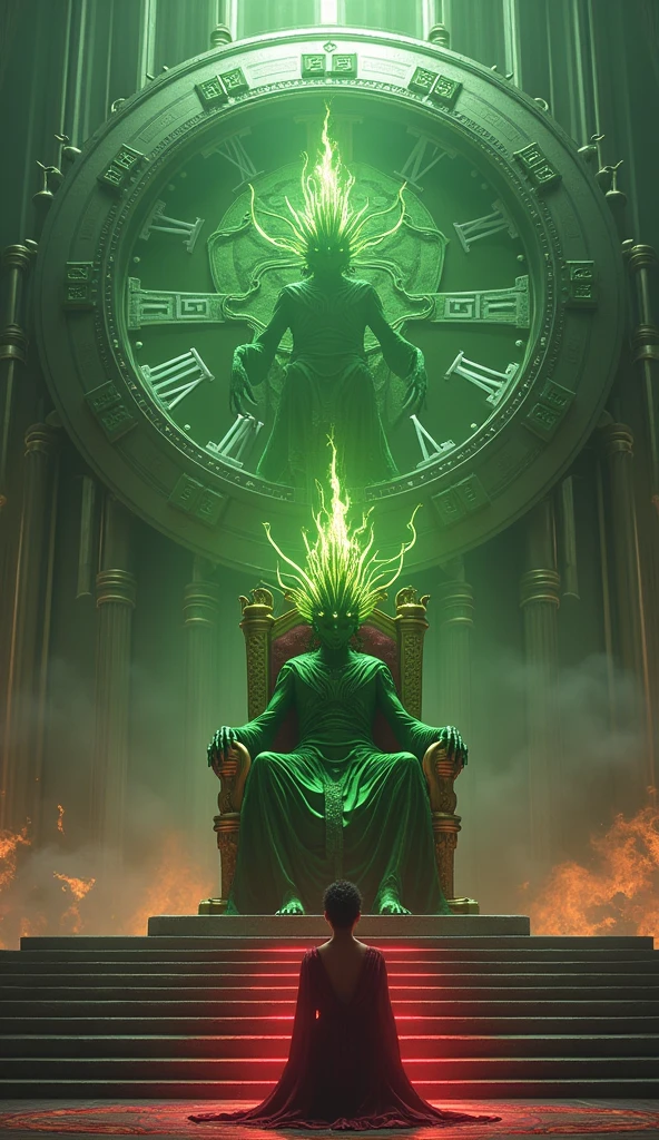 Draw a giant timer with 03 on it:00 hours, with a person below looking and bowing and in front of the giant timer a throne with a very powerful green being with a crown with eyes releasing fire, a lot of red fire as realistic as possible!