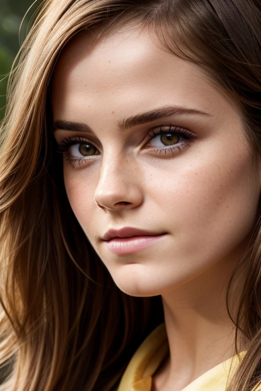 Face de Emma Watson, a close up of a woman with long hair wearing a yellow shirt, gorgeous attractive face, detailed face perfect, Extremely beautiful face, soft portrait photographed in 8k, very beautiful face, Daphne interested, flawless face, finely detailed face perfect, most beautiful woman in the world, face perfect ), accurate ultra-realistic faces, perfect detailed face, elegant yellow eyes, gorgeous face