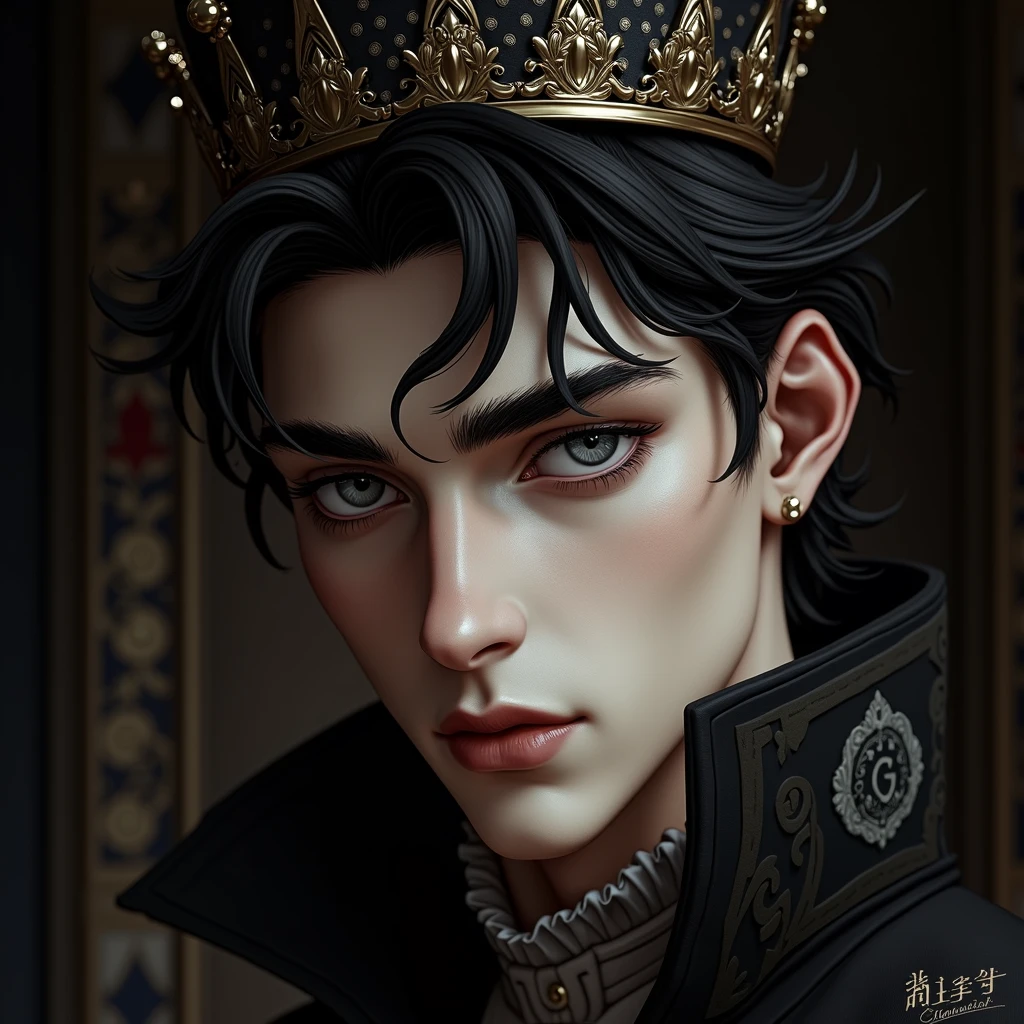 Generate an RPG character who is Italian royalty. His name is Giuseppe, he's 1 and he probably looks like Porshe, a character from BL Kinnporshe. I also want him to have a dark crown.