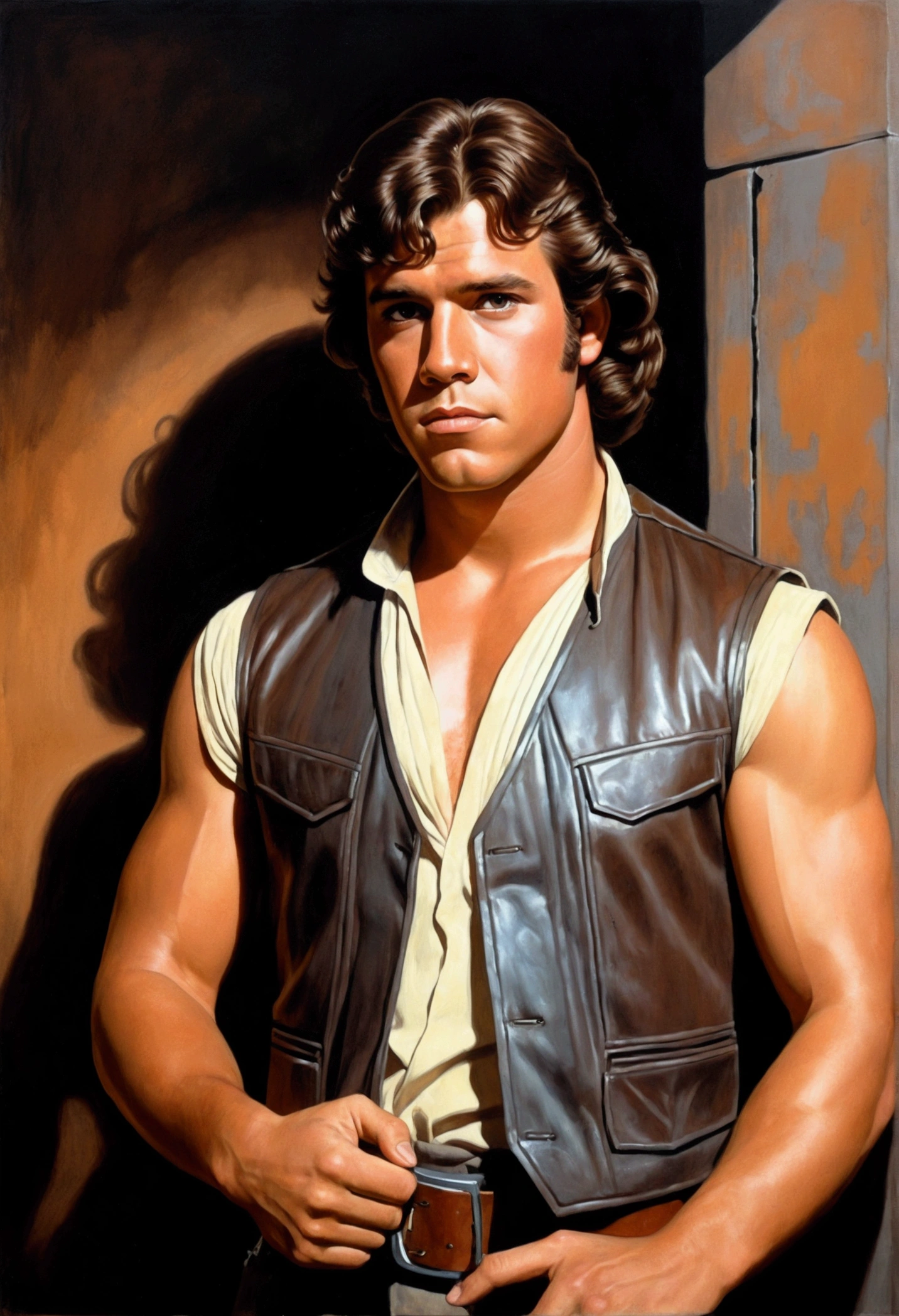 An illustrated movie poster, hand-drawn, full color, a young Star Wars gunslinger, 21-years-old, male, wearing a vest, portly figure, broad shoulders, muscular, hairy body, lost of body hair, brown eyes, brown-black hair, curly voluminous mane, sun-tanned skin, resembles Lou Ferrigno, standing in a seedy cantina, graphite shading, stencil marks, airbrushed acrylic paint, masterpiece, in the style of Drew Struzan