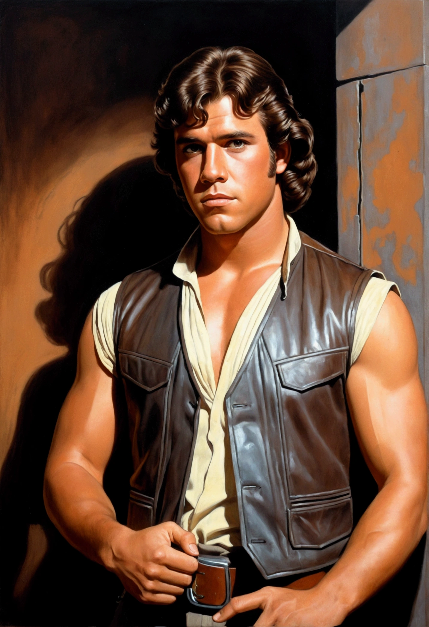 An illustrated movie poster, hand-drawn, full color, a young Star Wars gunslinger, 21-years-old, male, wearing a vest, portly figure, broad shoulders, muscular, hairy body, lost of body hair, brown eyes, brown-black hair, curly voluminous mane, sun-tanned skin, resembles Lou Ferrigno, standing in a seedy cantina, graphite shading, stencil marks, airbrushed acrylic paint, masterpiece, in the style of Drew Struzan