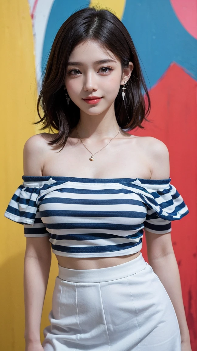 ((Photographed with wall art in the Kakaako area in the background)), ((Standing by the Rainbow wall art)), (masterpiece:1.3), light makeup, red lips, beautiful hair, Black hair, (Medium hair:1.3), elegant, soft lighting, Very fine details, masterworks, authentic texture, perfect work, (1 girl), (One Woman), 16k, high resolution, exquisite features, brown eyes, (Ultra-high resolution eye:1.1), Japanese idol, beautiful face, ((artists work)), (photorealism:1.2), (gentle smile like a goddess), attractive, well-shaped breasts, beautiful cleavage, shiny skin, smooth skin, BREAK, (Off-the-shoulder blue and white striped t-shirt:1.3),(Lime yellow Micro mini Tight flare skirt:1.3), earrings, necklace, BREAK, Full-body, walking position, (Walking through the weekend market), (Model pose with legs apart), BREAK, (Asking for a kiss:1.2), (lovely smile), shoot from below, (Close up:1.2), sexy model pose