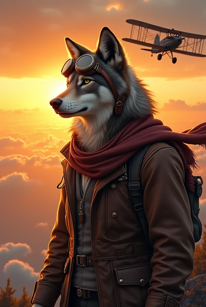 create an image of a wolf in a pilot's outfit with a travel plane flying behind him at sunset