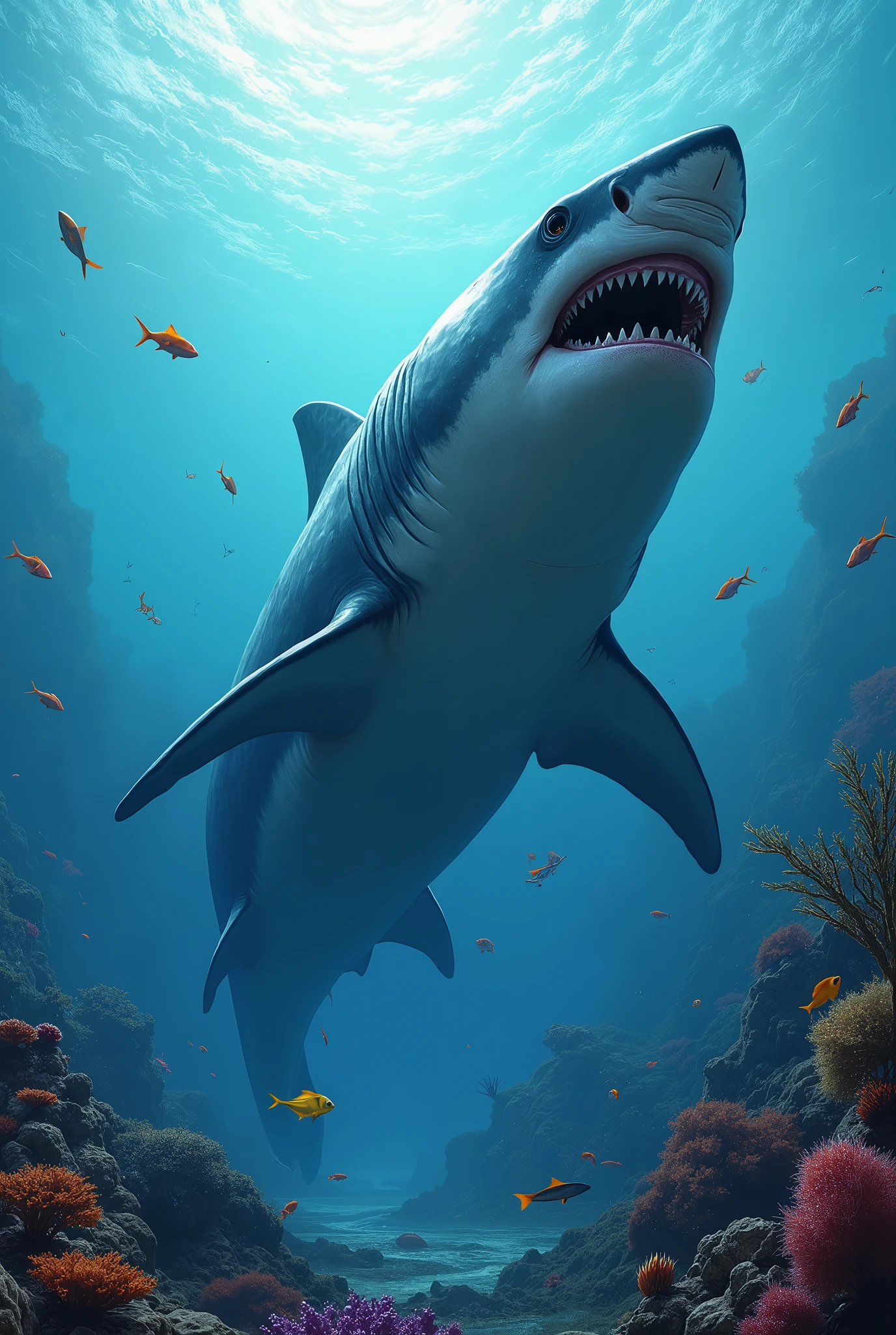 create a 712x430 image of a huge shark in an ocean full of details, It's a lot of detail.