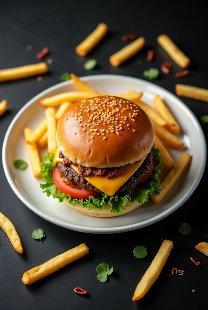 A hamburger from above perspective on a white plate and several fries outside the plate on a black background.