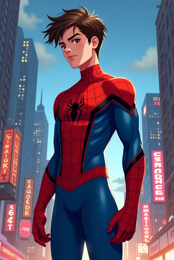 Create me a Peter Parker with the Spiderman uniform on without the mask in 2d