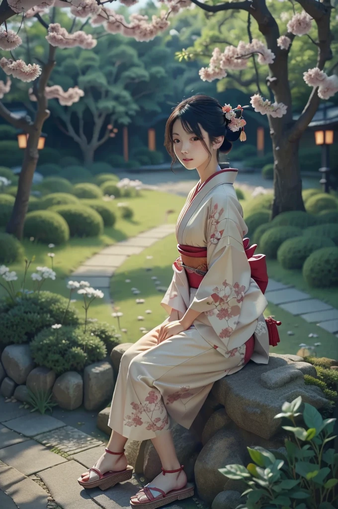 a beautiful woman sitting in a park reading a book, full body, beautiful kimono, sandals, hair details, delicate face, peaceful landscape, (best quality,4k,8k,highres,masterpiece:1.2),ultra-detailed,(realistic,photorealistic,photo-realistic:1.37),1girl,detailed facial features,long eyelashes,cherry blossoms,sunlight filtering through trees,tranquil pond,traditional japanese architecture,nature,serene,soft lighting,muted colors,oil painting