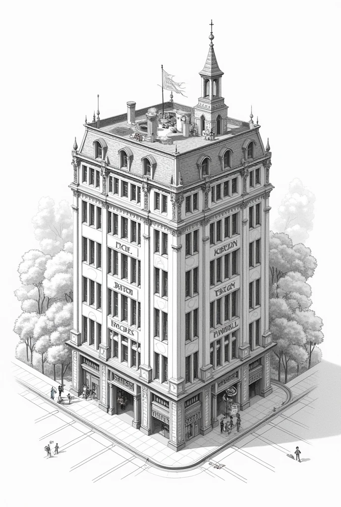 A drawing in which there is a building in a corner of the image that has many windows