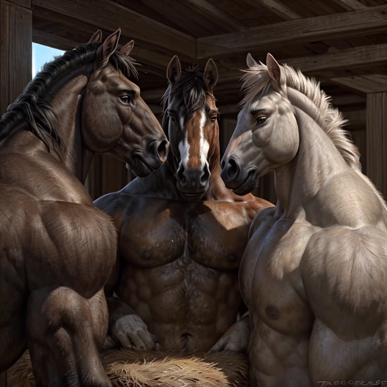 ((Trio)), ((anthro horses)), males, (3boys), (different colored horses, grey pinto horse, brown horse, black horse), handsome, (Correct anatomy, big, muscular), (realistic fur, detailed fur texture:1.3), Detailed horse stable background, Photorealistic, hyperrealistic, Ultra-detailed, daylight, (by Taran Fiddler), facing viewer