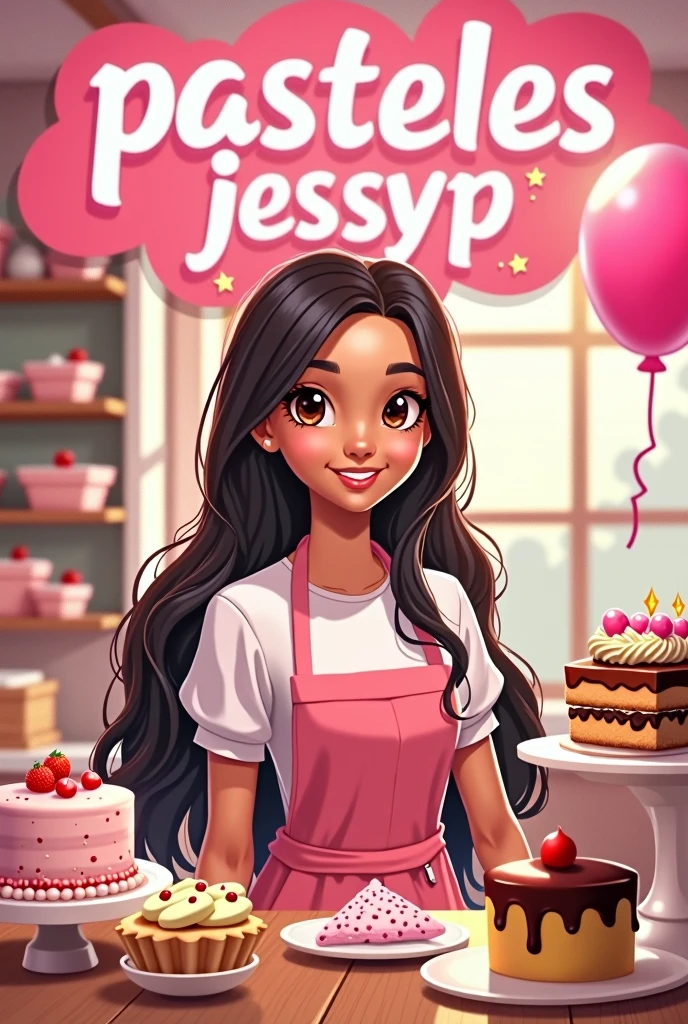 Pastry girl, light brown skin color, brackets, long black hair with golden highlights, with the sign “Pasteles JessyP” in pink flowery letters, Pink colour, around cakes, cupcakes, whipping balloon