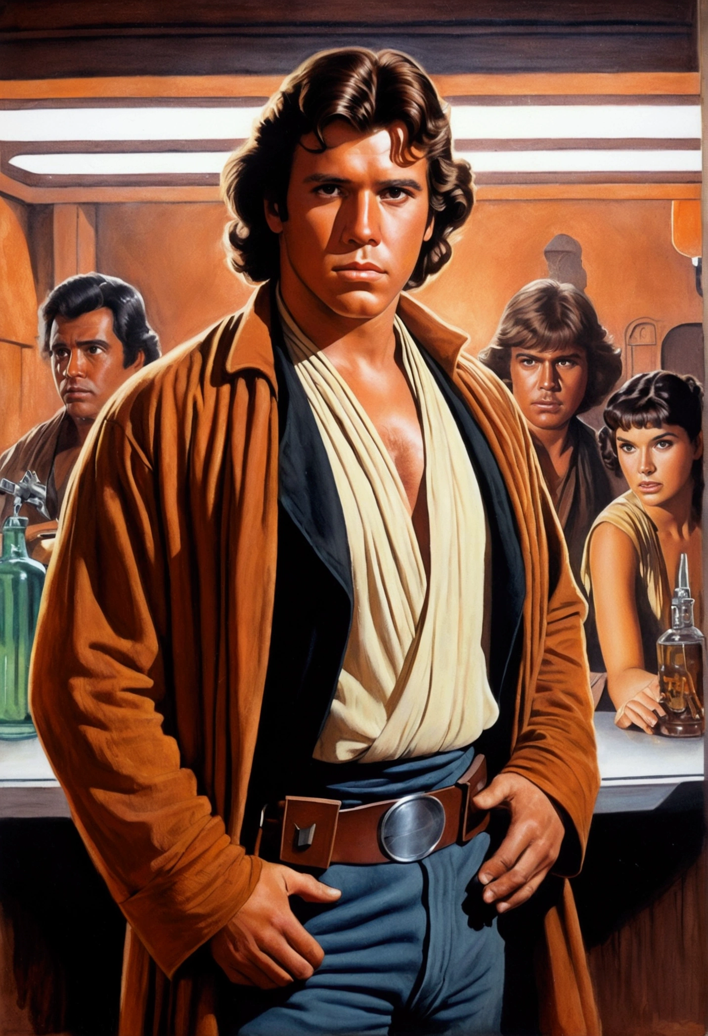 An illustrated movie poster, hand-drawn, full color, a young Star Wars gunslinger, 21-years-old, male, wearing a duster, portly figure, broad shoulders, muscular, hairy body, lost of body hair, brown eyes, brown-black hair, curly voluminous mane, sun-tanned skin, resembles Lou Ferrigno, standing in a seedy cantina, graphite shading, stencil marks, airbrushed acrylic paint, masterpiece, in the style of Drew Struzan