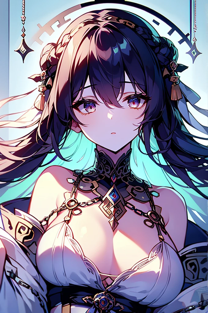1 girl close up on face, beautiful and aesthetic, gorgeous, masterpiece, Best Quality, fantastic atmosphere, Soothing palette, Quiet, Soft shading, priestess with many chains around her body