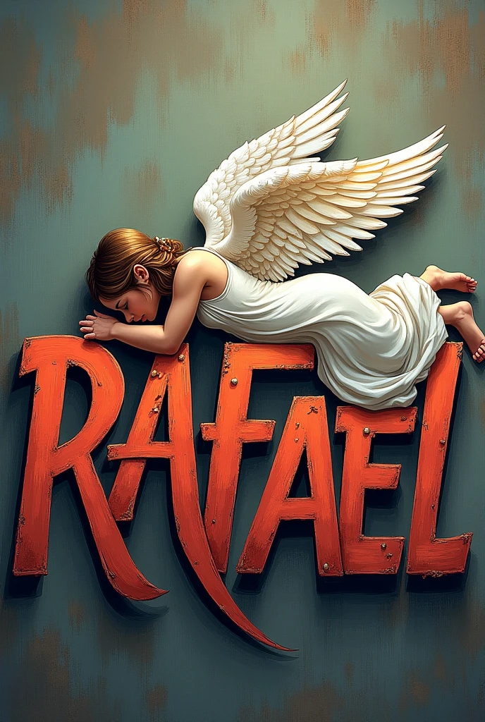 I created a sketch of what the name design would look like "rafael" with shadows, strong colors and a girl dressed as an angel lying face down on top of the graffiti-style name 