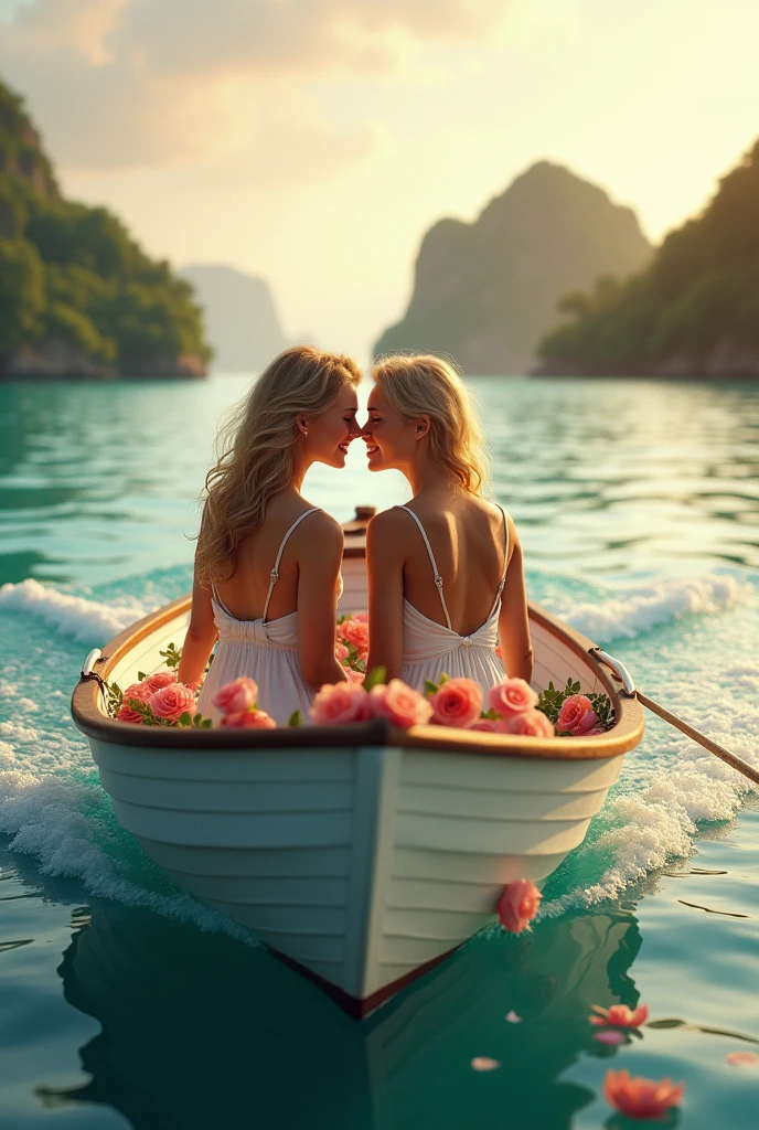 Photorealist , beautiful couple, staying out door, on boat, in sea, going to island, woman with blonde hair, man with blonde hair, looking each other and romantic scene, afternoon,
Flowers on boat