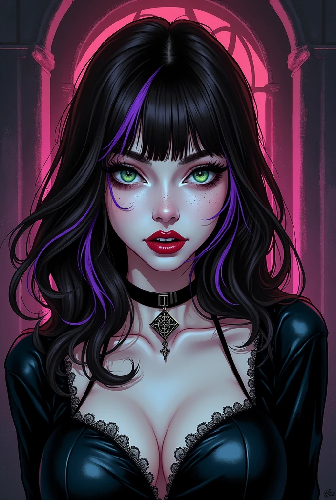 COMIC ART 90'S Adult woman with white skin, Thin nose wide face, GREENISH BROWN EYES harmoniously prominent cheeks, wide chin LONG VAMPIRE FANGS light freckles on the face, brown wavy hair, straight bangs AND A PURPLE STRAND and gothic clothes, darkness background