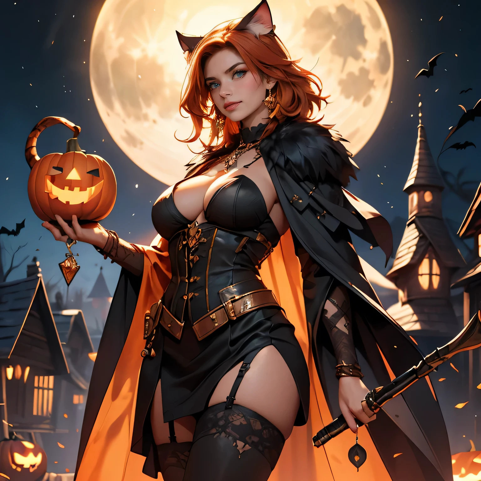 Pretty Caucasian (female), Sarah Shahi, a slim but muscular body, huge breasts, dark brown messy hair, blue eyes, 1girl,close up,moonlight,witch costume,gold neck jewelry,body tattoos,short hair,gown dress, pumpkin village,ceremonial cape,gothic corset,halloween forest,gold,amulets,glowing cauldron, gothic piercings and tattoos, white tribal top,green eyes,orange hair,shy smile,freckles,redhead,beautiful girl,large breasts,thigh high boots,ultra detailed,realistic,fantasy art,garter belt,holding a wand,black cat,
