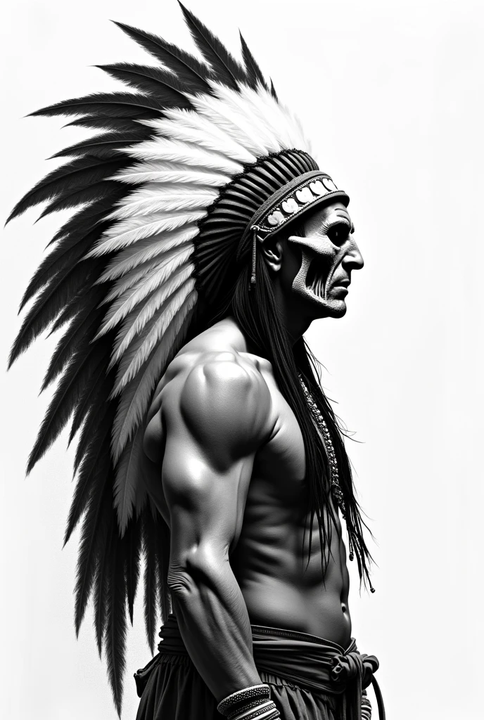 Side- centered potrait, red indian chief, angry, big feather hat, black and white drawing. Clear background, simple skull face, fit to image