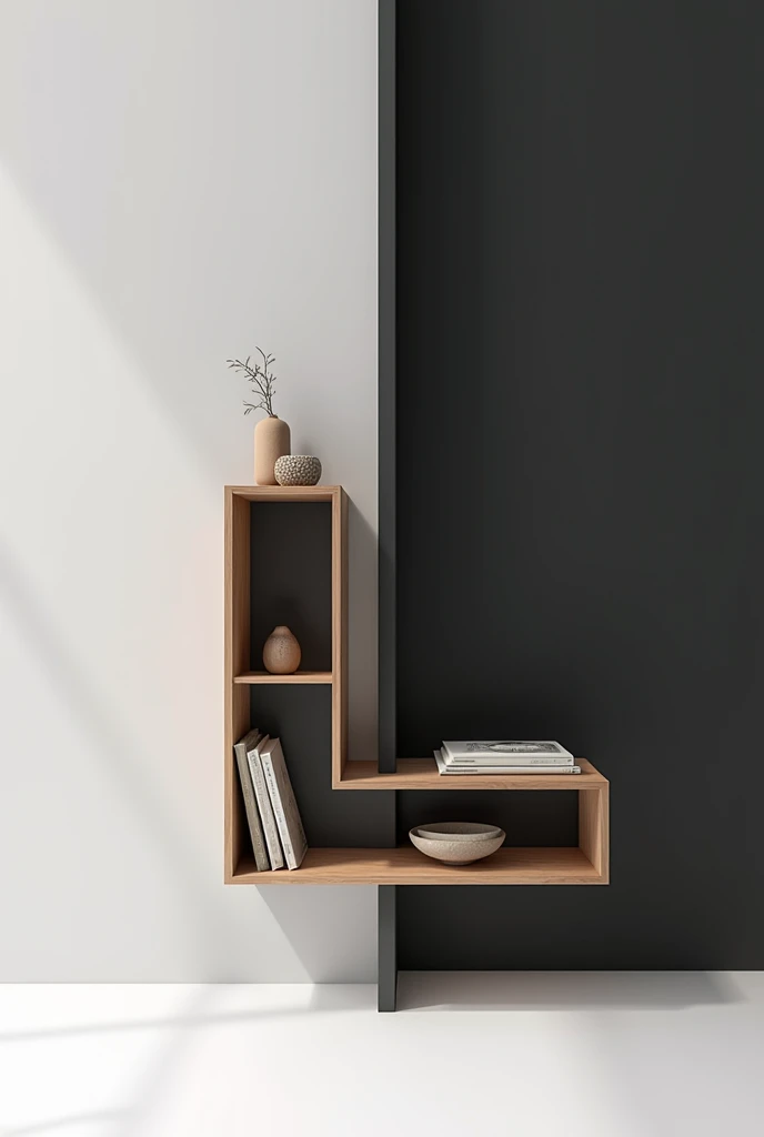 a company logo with a black and white background, a custom and architectural furniture company. With two wooden shelves in "L" complementing each other and with the name of the company AND SOME DECORATION ITEMS with wooden shelves in a transversal L-shape WRITTEN DESEGNER MOVEIS