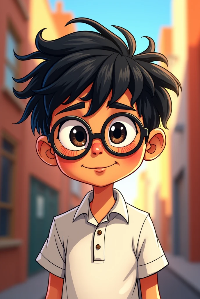 Create a boy character in white, his black hair always messy and his round-framed glasses shyly hanging crooked on his nose..- image with quality and characteristics of the Spider-Man cartoon animation