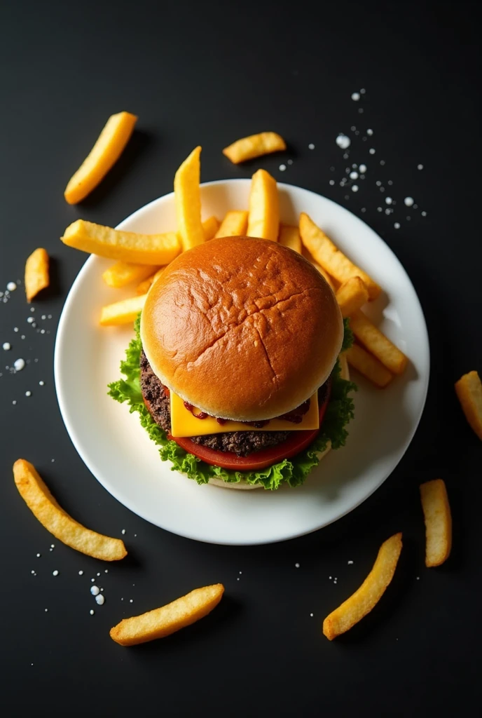 A hamburger from above perspective on a white plate and several fries outside the plate on a black background.