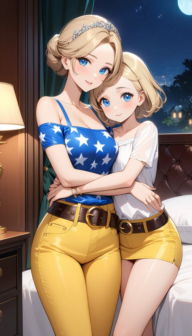 ((Two beautiful ladies)), ((lady 1: 45y old mom, with short straight blonde hair with blue eyes and caucasian skin, wearing ((Tight Dark Green Denim Skirt)), ((Leather Belt)), ((Sexy Off Shoulder Short Sleeves Blue Blouse With White Stars Prints)), ((lady 2: 18y old daughter, with short straight blonde hair with blue eyes and caucasian skin, wearing ((Tight Yellow Denim Skirt)), ((Leather Belt)), ((Sexy One Strap White Blouse)), ((lady 1: 45y old mom wearing luxurious jewelry, 18k gold wedding ring on left hand)), standing in their bedroom at night, mother hugging and kissing her daughter from behind, (light brown lipstick), (elegant mascara), (slim body), (small breasts), (wide hips), endjourney, <lora:GoodHands-, <lora:GoodLegs-, UHD, high resolution, (expressive eyes, perfect face, full body, expressive face, perfect body, perfect pussy, athletic, fit, slim body, blushing, Perfect makeup, eyeliner, beautiful eyelashes, smiling, horny face), ((best illumination, best shadows)), ((sexy pose)), score_9_up, score_8_up, score_7_up