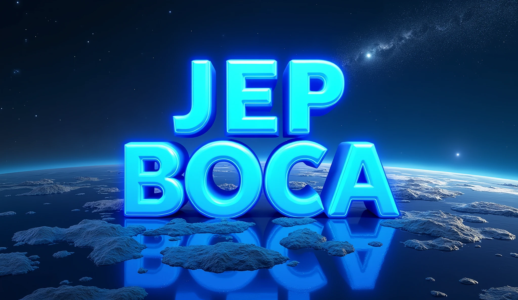 Poster with the word Jep Boca in blue in 3D with a space background