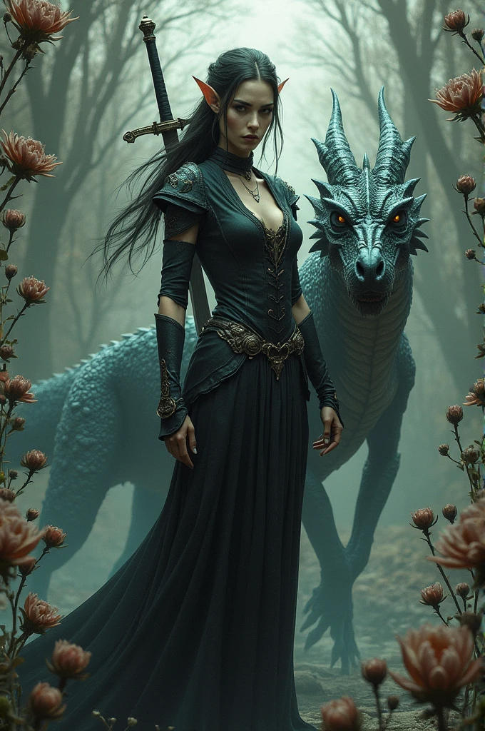 Woman who ties a dragon to herself and carries a sword on her back and around it flowers, preferably skeleton flowers