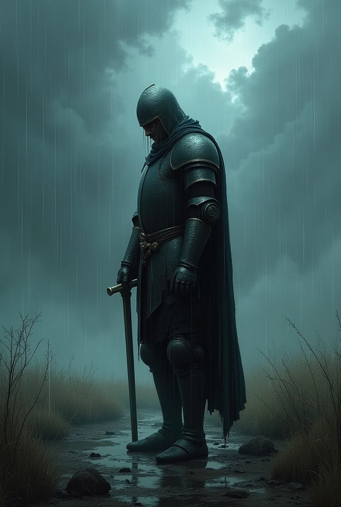 man knight crying sadly under the rain on a very cloudy gray day