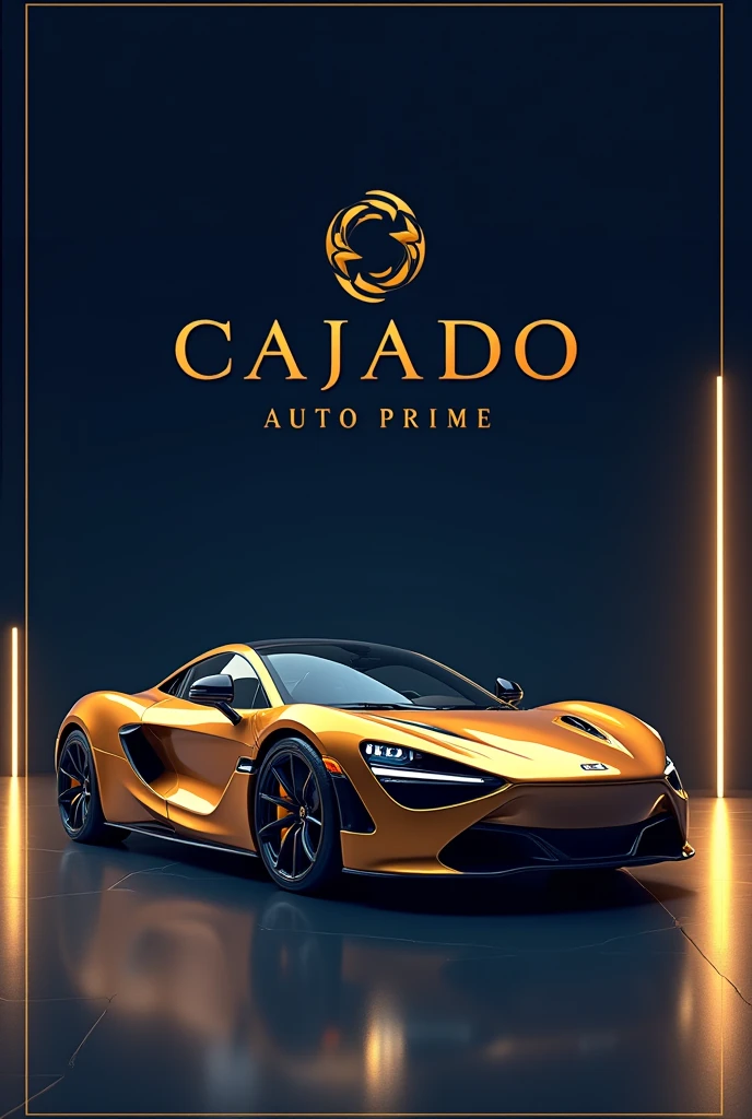 company banner with the logo: Cajado Auto Prime Estética Automotiva in Portuguese. Navy blue, gold and white colors. navy blue. luxury golden car, social realism, outer border, masterpiece, high resolution, high details, UHD, super detail. In a car beauty salon