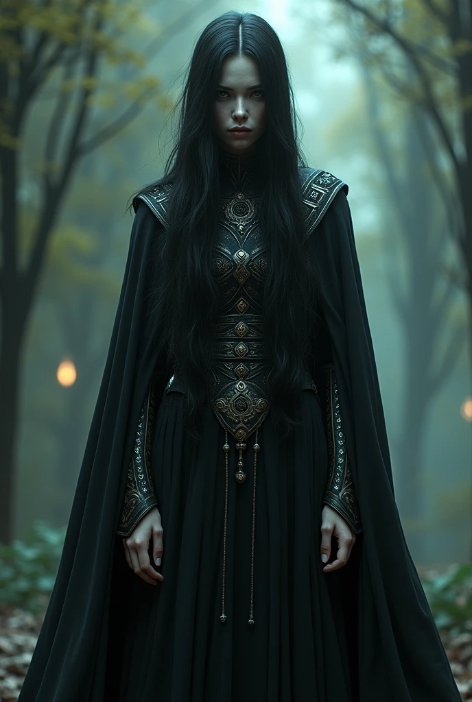 enki ankarian, necromancer, androgynous, intersex, long dark hair, thin, tall, in black robes