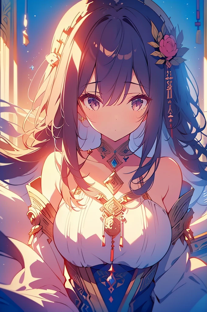 1 girl close up on face, beautiful and aesthetic, gorgeous, masterpiece, Best Quality, fantastic atmosphere, Soothing palette, Quiet, Soft shading, priestess with many chains around her body