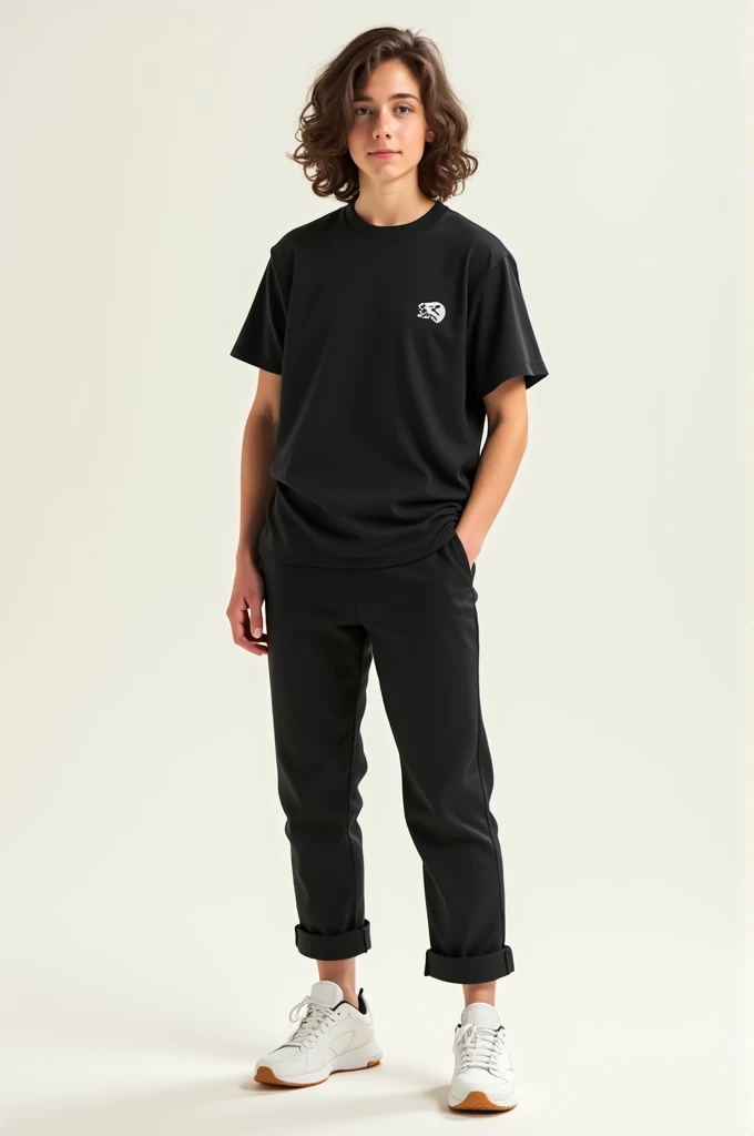 A brunette brown-haired ager with black pants, a black shirt and white tennis shoes