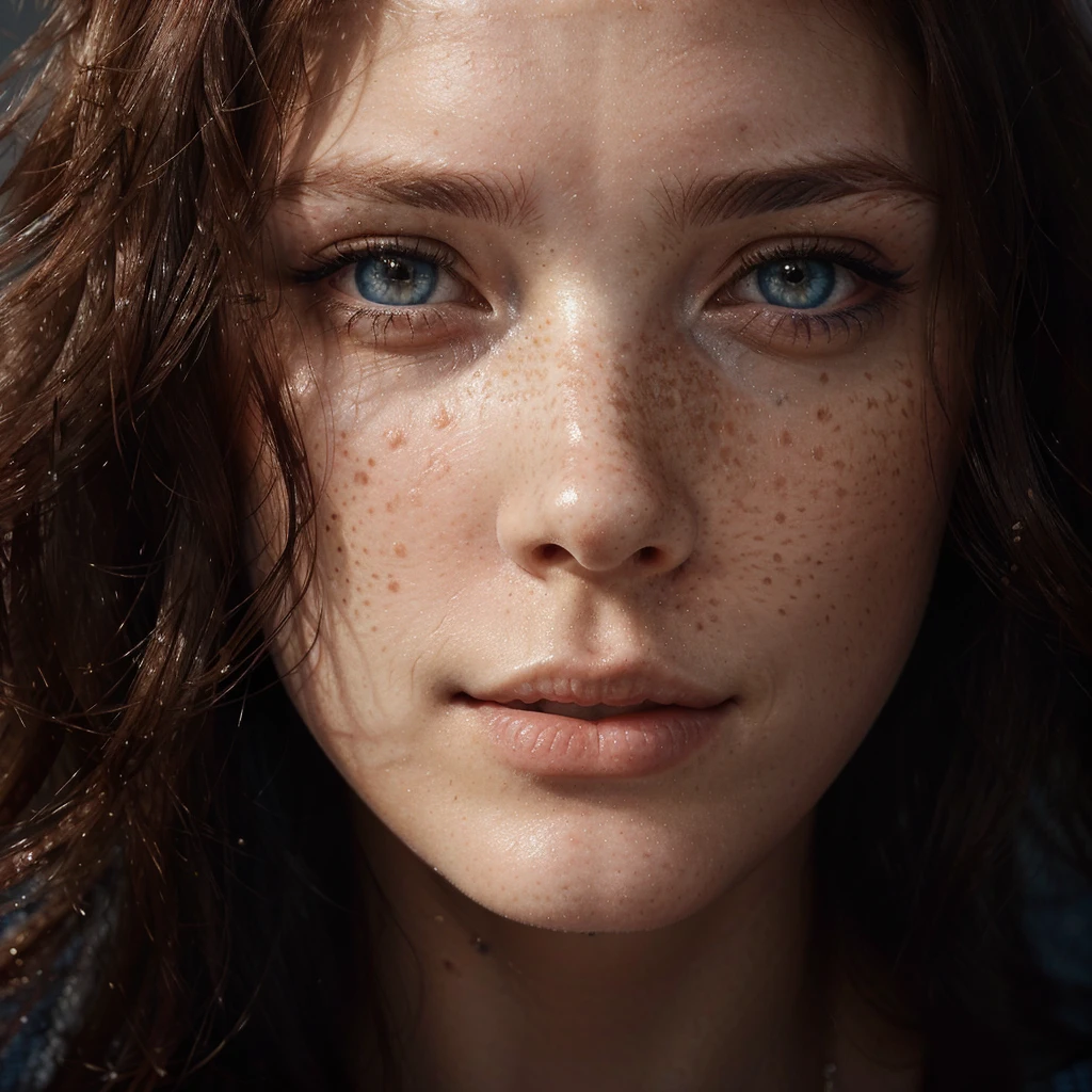 Woman with freckles and blue eyes looking at the camera, cinematic beautiful natural skin, finely detailed perfect face, Beautiful female face, Beautiful face portrait, detailed perfect face, beautiful face portrait, close-up perfect face, Detailed beauty portrait, Detailed beautiful face, Photo of a beautiful woman, soft portrait 8k, perfect face ), beautiful and attractive face